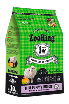 Корм ZooRing Mini Puppy & Junior для щенков и юниоров, а также беременных и кормящих собак мини пород (Ягненок и рис с тыквой)
